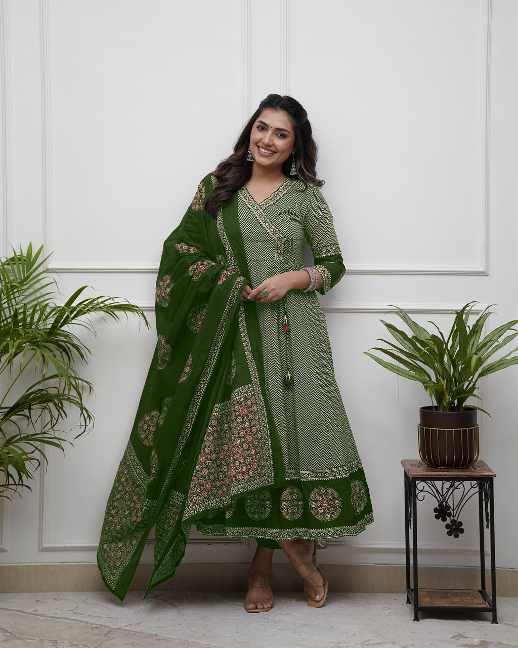 Green Thread Work Cotton Salwar Kameez, Pant With Dupatta