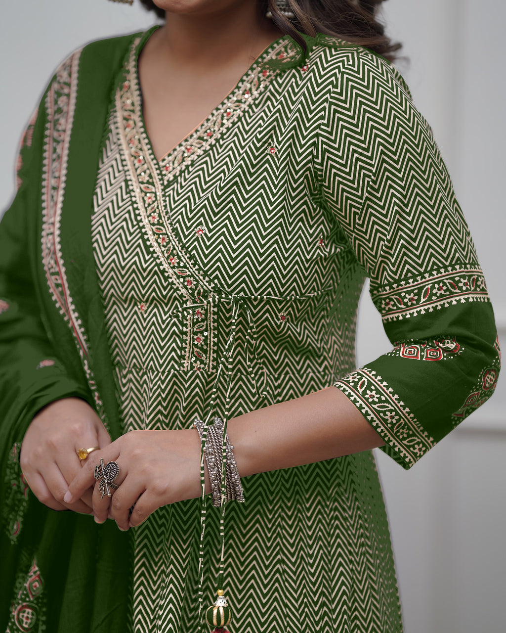 Green Thread Work Cotton Salwar Kameez, Pant With Dupatta