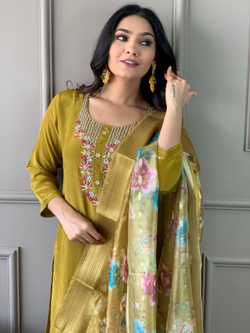 Mustard Viscose Chanderi Embroidered Silk Kurta Set