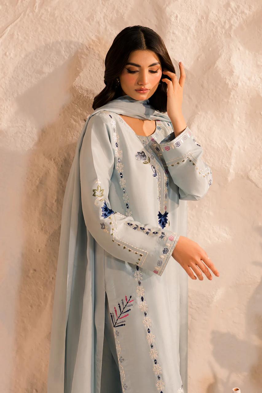 Light Blue Chanderi Silk Readymade Salwar Suit with Embroidered Work