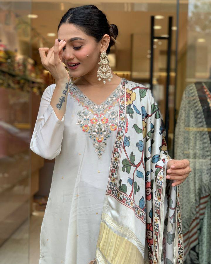 White Embroidered Straight Kurta with Pant and Dupatta Set | Elegant Ethnic