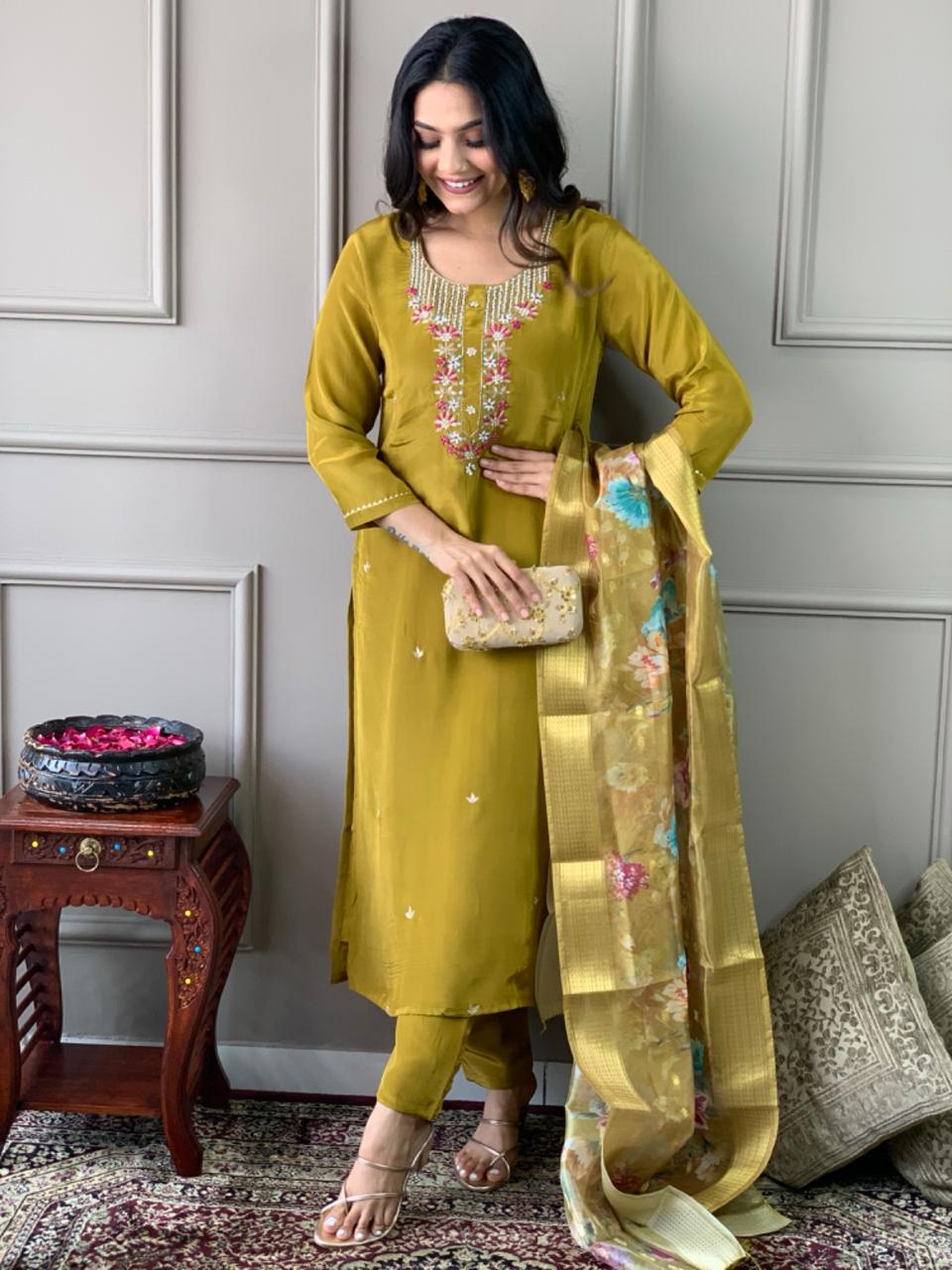 Mustard Viscose Chanderi Embroidered Silk Kurta Set