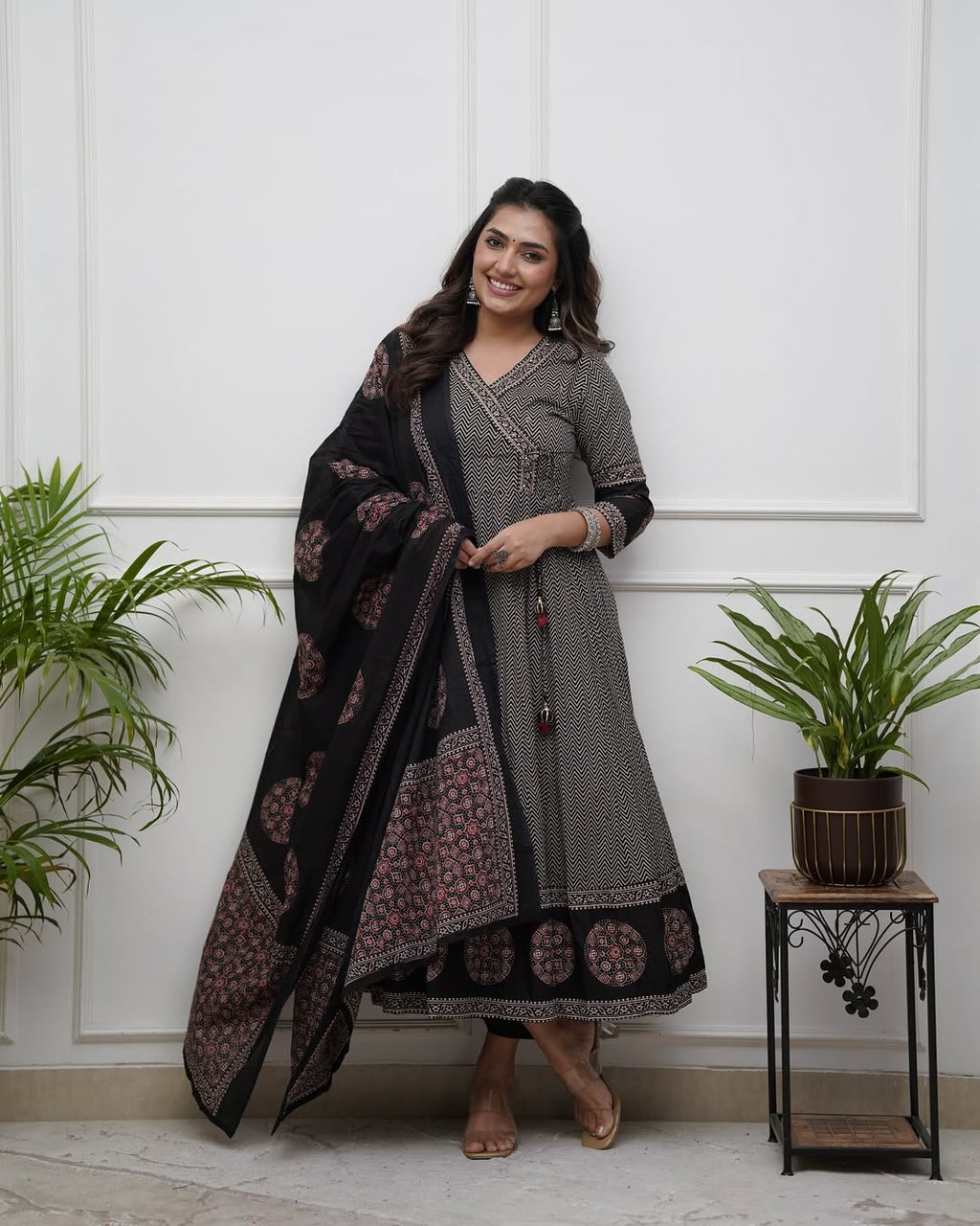 Black Thread Work Cotton Salwar Kameez, Pant With Dupatta