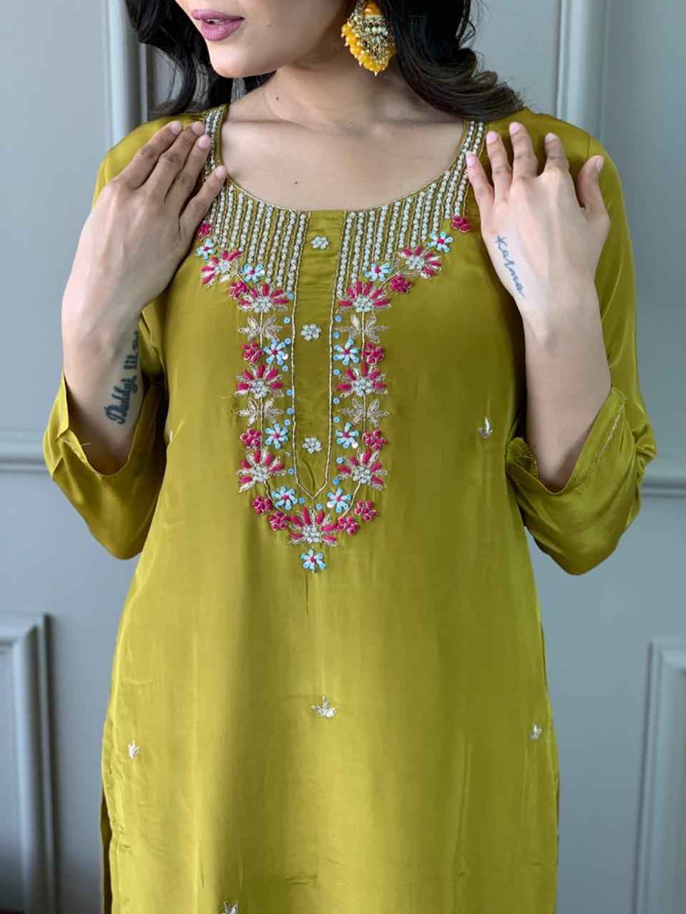Mustard Viscose Chanderi Embroidered Silk Kurta Set