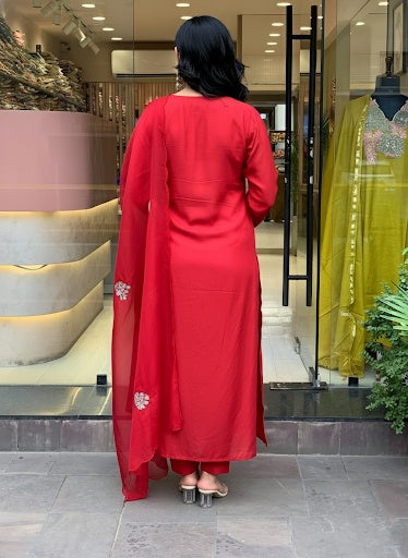 Red Chanderi Embroidered Kurti, Pant With Dupatta Set for Partywear