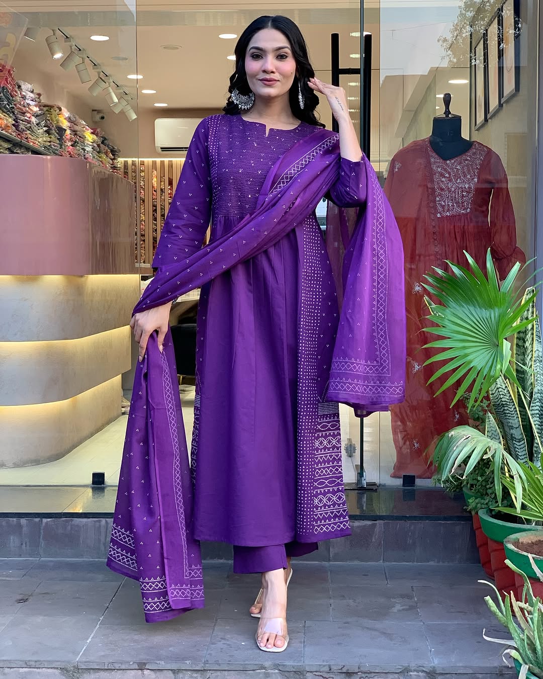 Purple Chanderi Readymade Pant Style Kurti with Dupatta