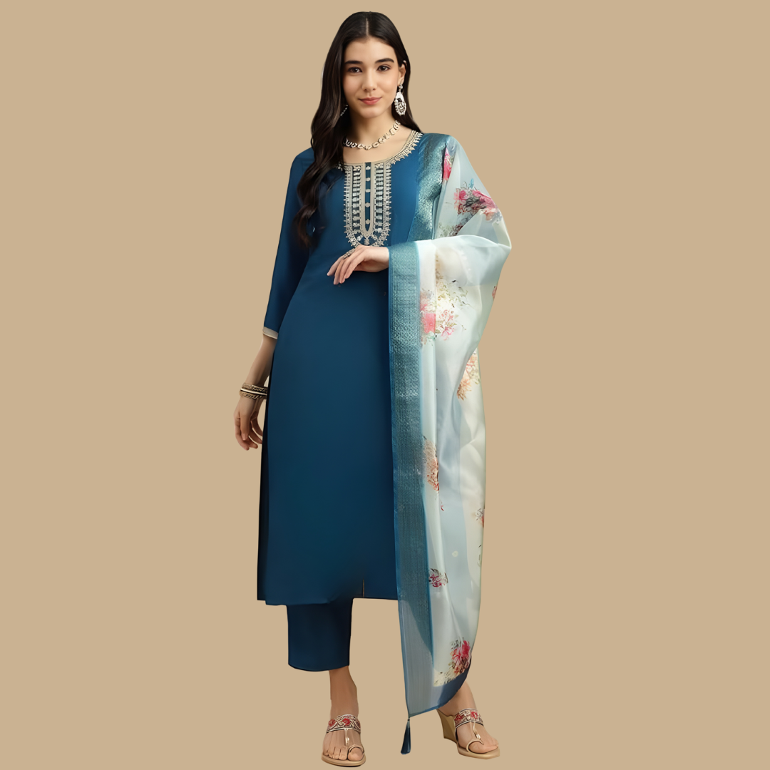 Blue Embroidered Rayon Slub Straight Kurta Pant Dupatta Set