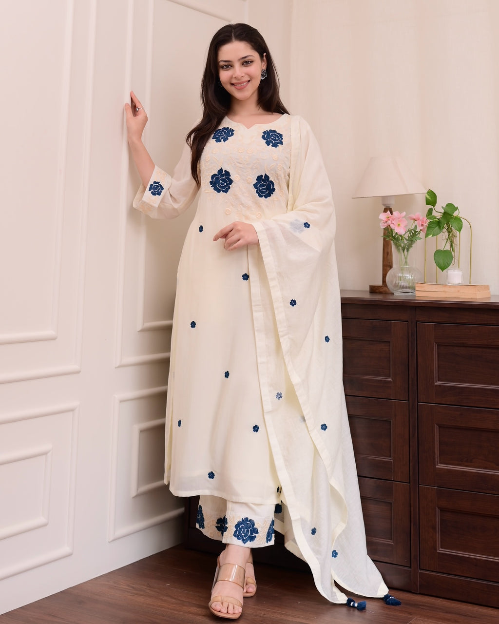 White Viscose With Embroidery Kurta Set