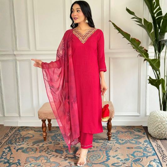 Red Three Piece Embroidered Salwar Kameez & Dupatta Set