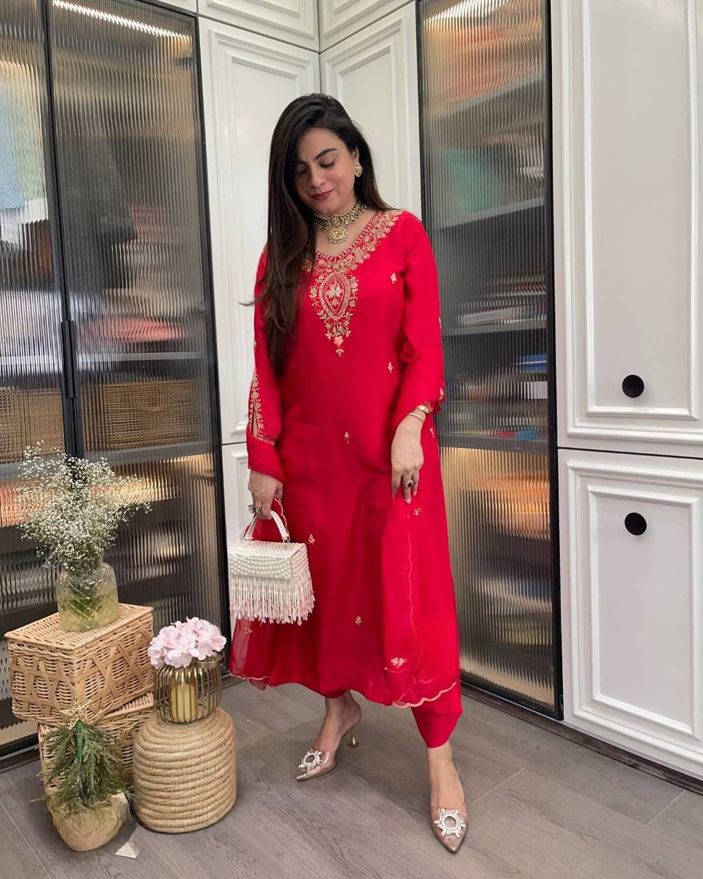 Indian Ethnic Kurta Set for Women | Red Embroidered Kurti with Pant & Organza Dupatta