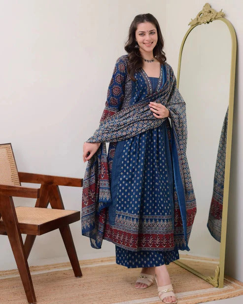 Blue Colour Ethnic Set Women Printed Anarkali Kurta and Pant with Dupatta