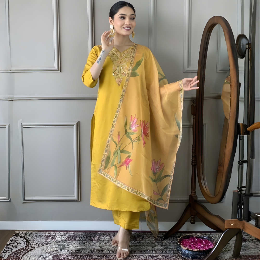 Yellow Color Women Embroidered Straight Kurta with Pant and Printed Dupatta