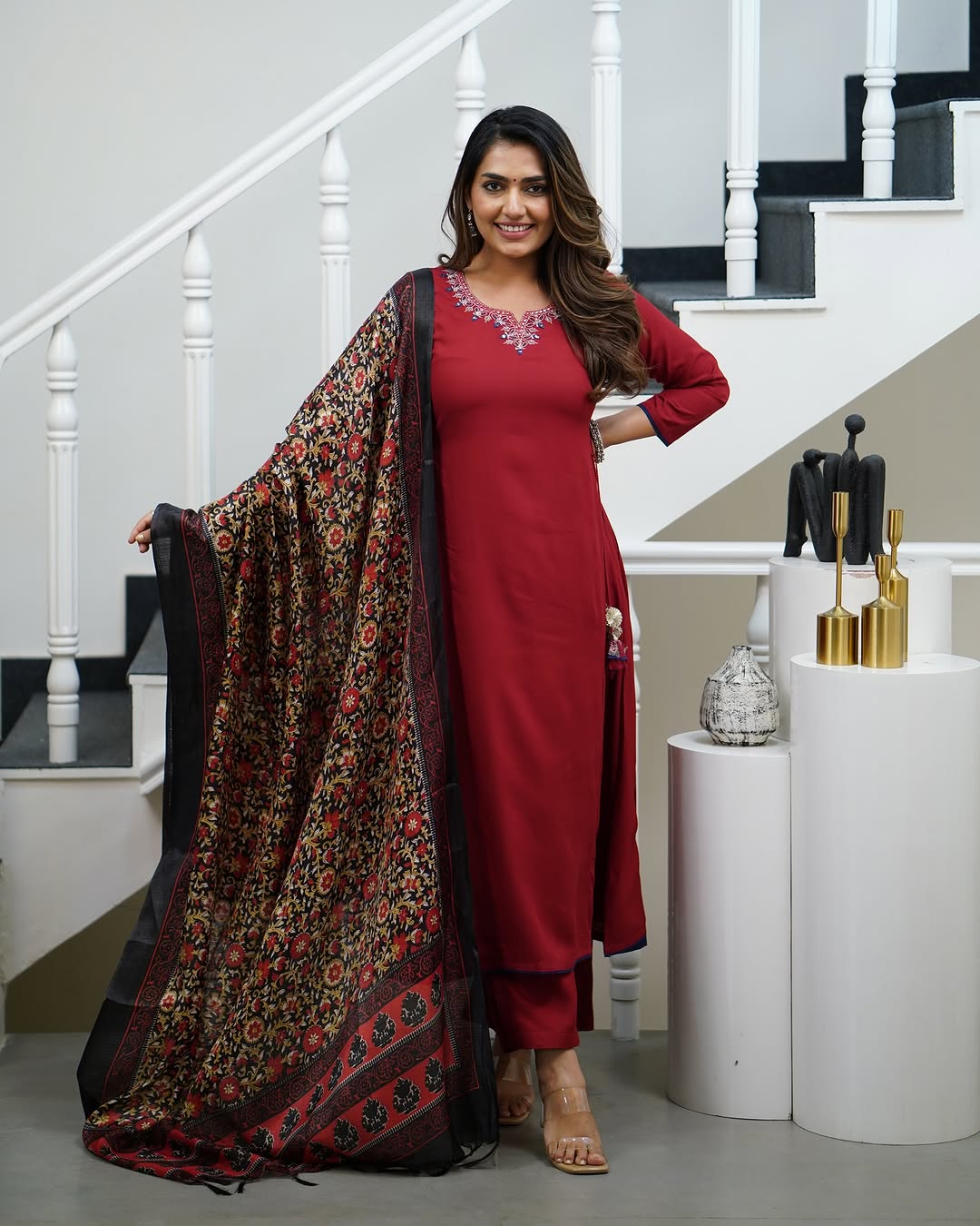 Red Viscose Rayon Embroidered A-Line Kurta with Viscose Rayon Pant And Chanderi Printed Dupatta Sets