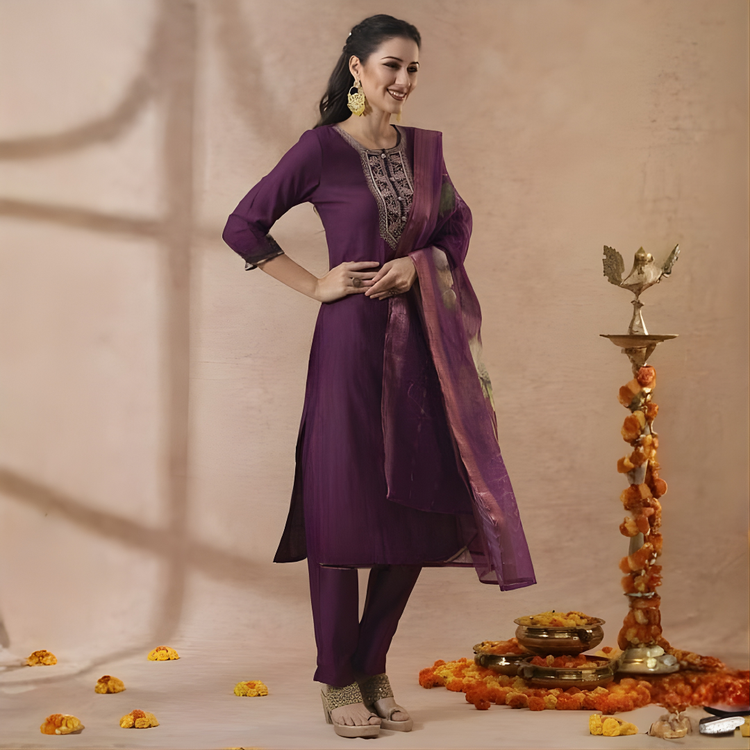 Wine Purple Magic Cotton Embroidered Kurta Set with Chanderi Dupatta