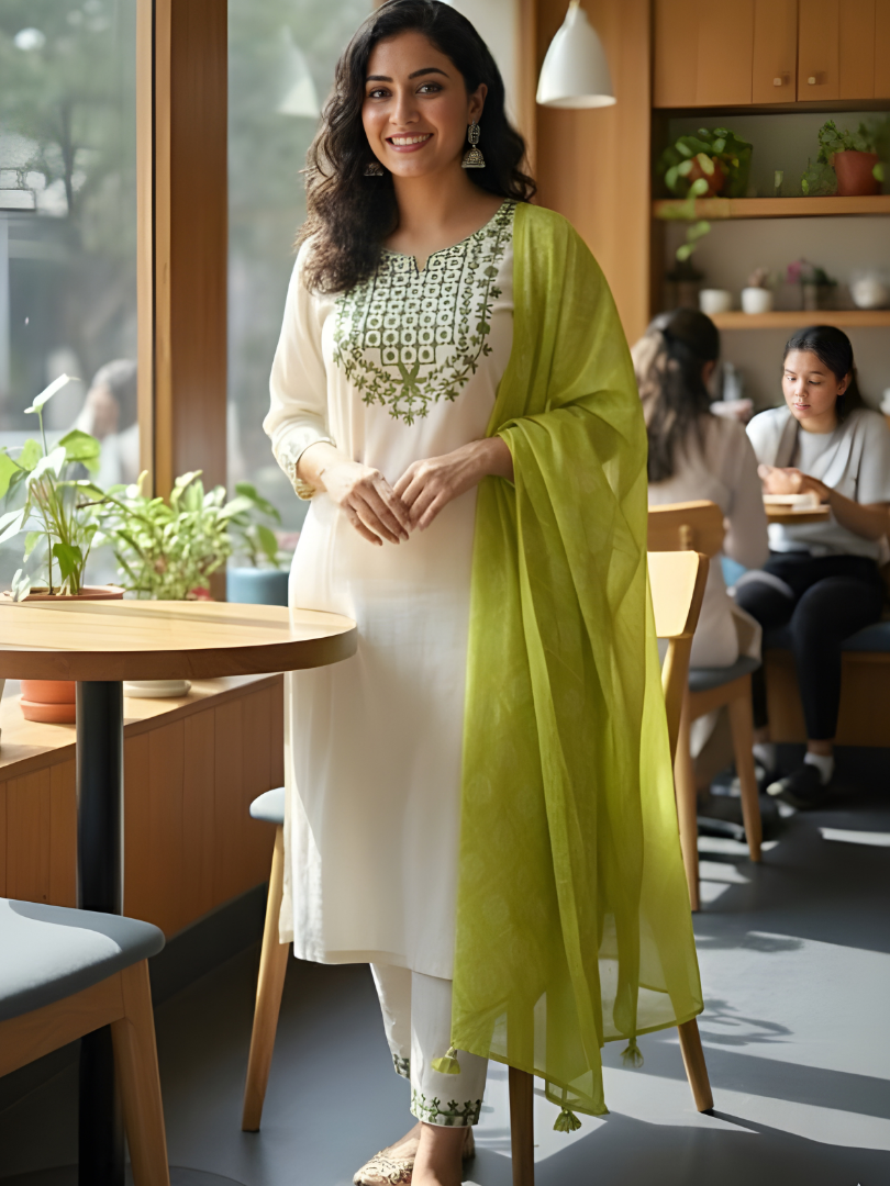 Women Ethnic Motifs Embroidered Regular Thread Work Kurta with Trousers & With Dupatta