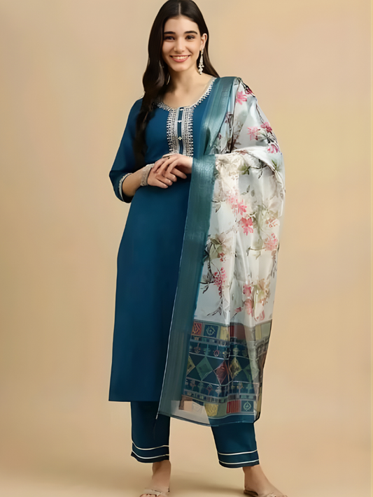 Blue Magic Cotton Chinon Neck Wok Digital Printed Dupatta Set