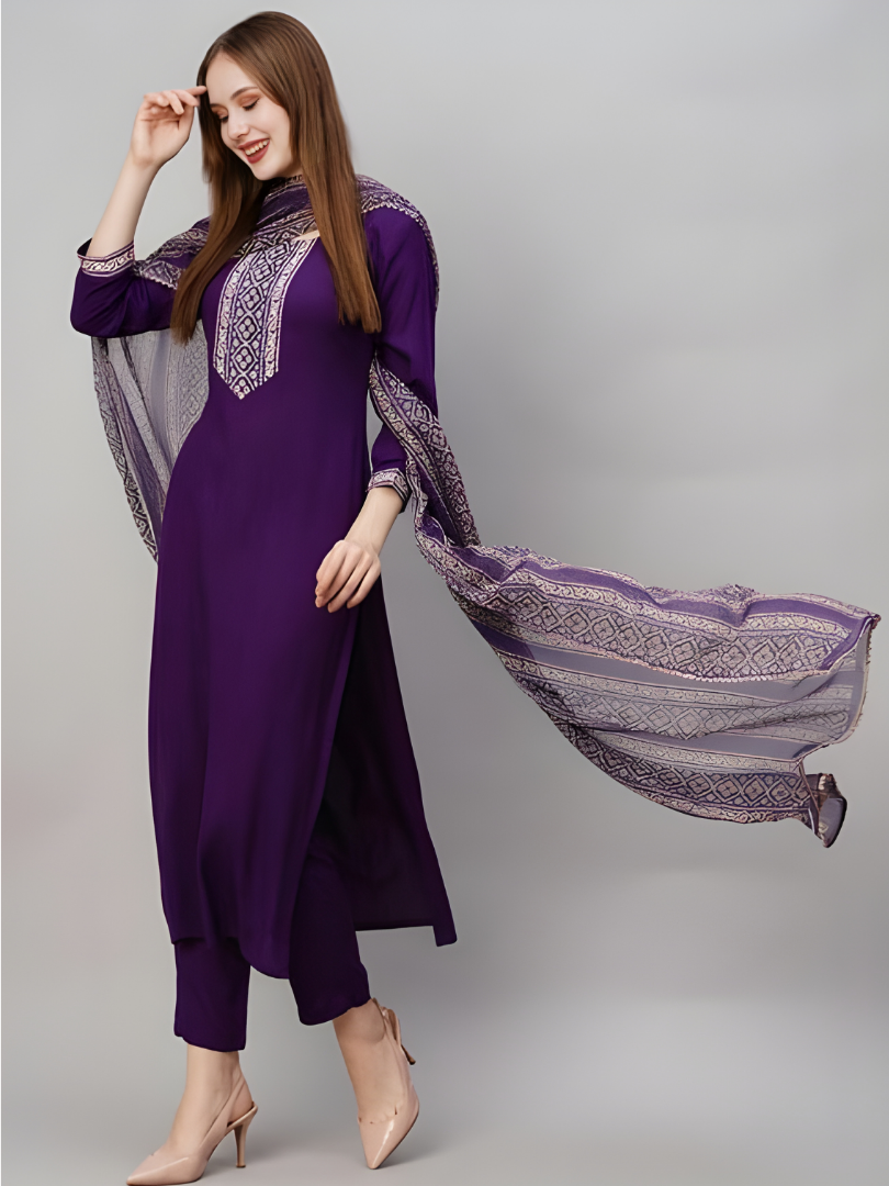 Purple Reyon Slub Regular Fit Kurta, Pant and Dupatta Set