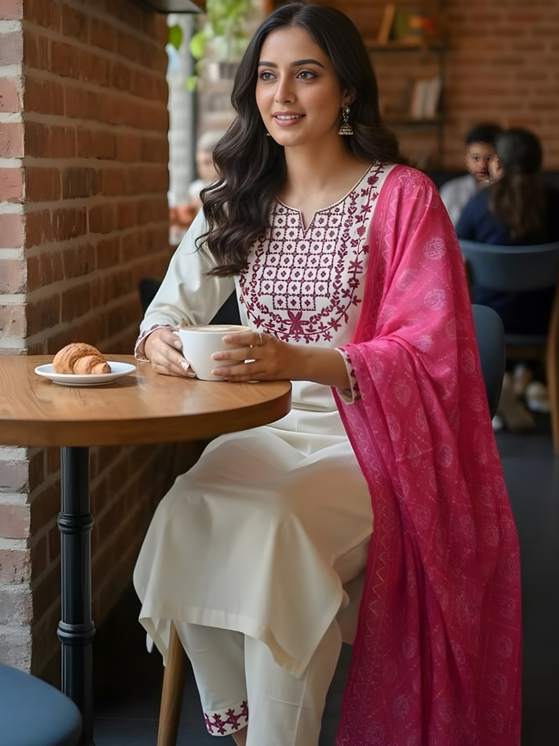 Off- White Rayon Slub Embroidered Straight Kurta Set with Dupatta