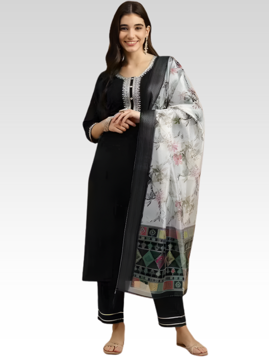 Black Color Magic Cotton Kurta Set with Dupatta for Women