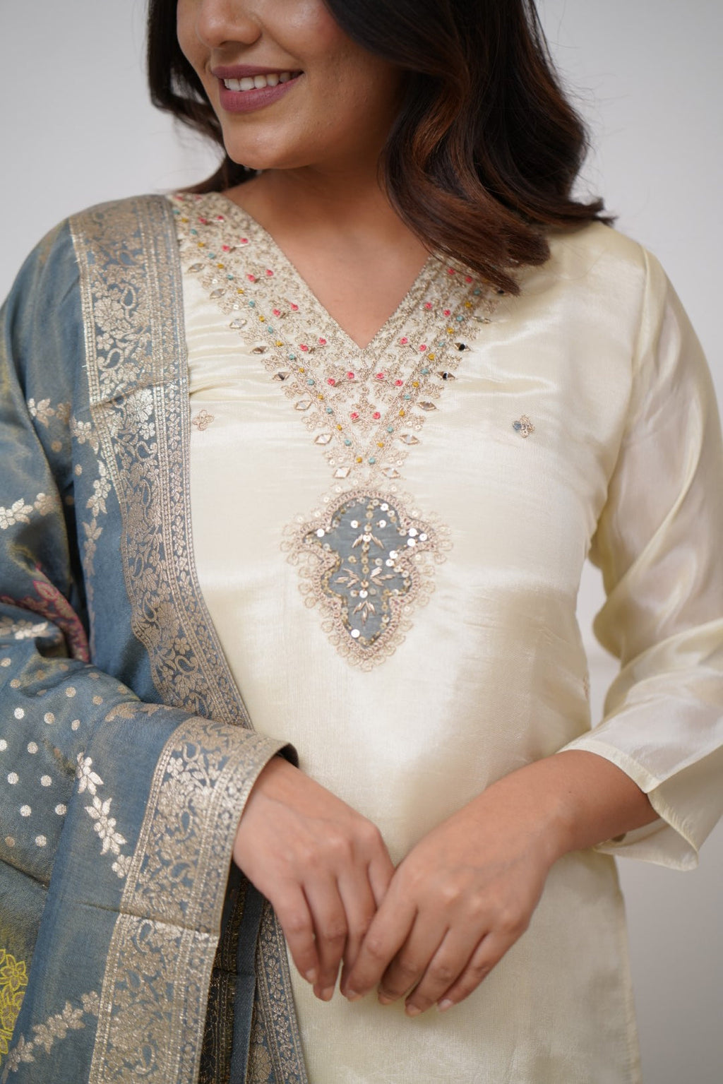Off White Embroidered Viscose Kurta Set