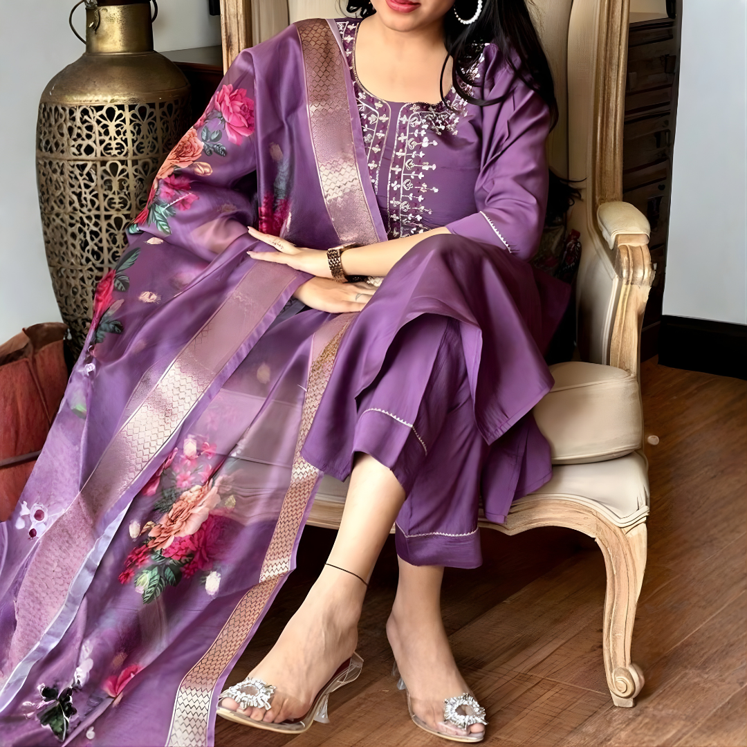 Purple Rayon Slub Long Kurti with Pants & Dupatta