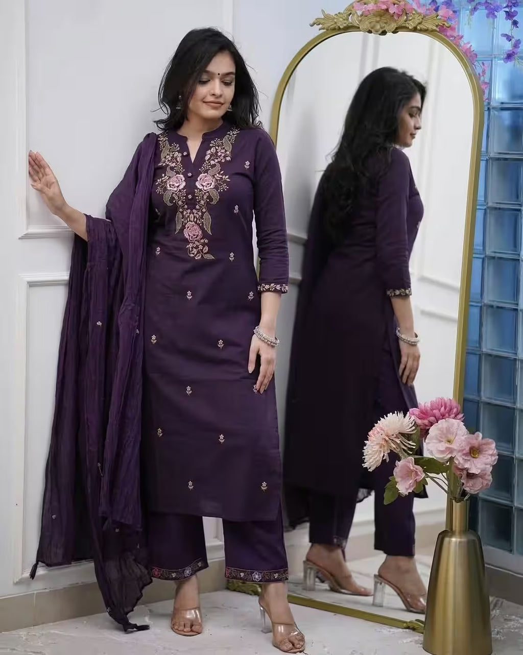 Purple Viscose With Embroidery Kurta Set