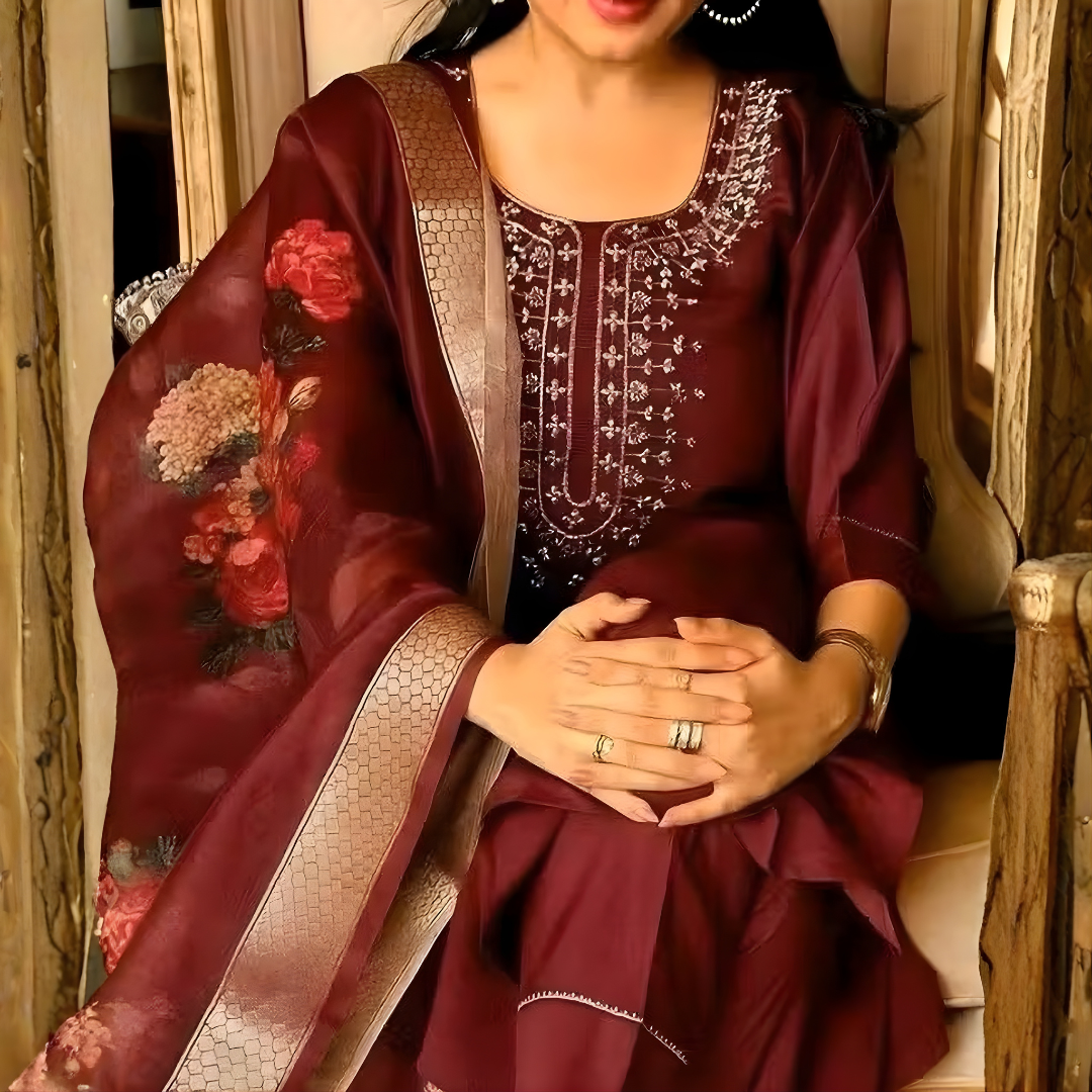 Women Maroon Color Floral Embroidered Regular Thread Work Kurta with Trousers & With Dupatta
