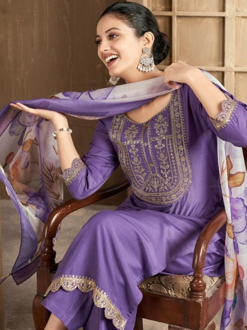 Purple Rayon Slub Kurti Pant with Chanderi Dupatta