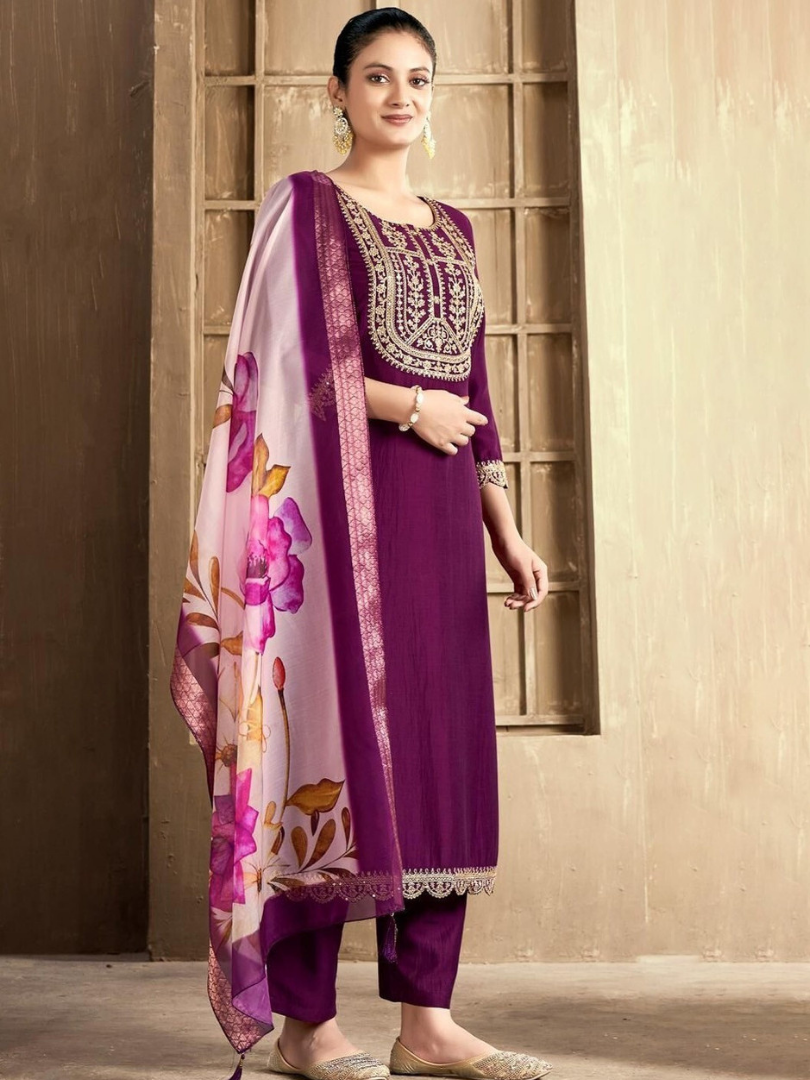 Women's Purple Color Rayon Slub Embroidered Kurta Pant With Dupatta
