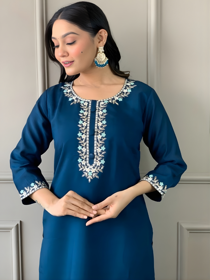 Blue Rayon Slub Kurti Pant Jacquard Border with Dupatta
