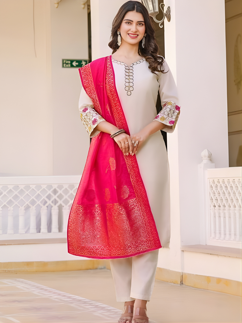 Cream Stylish V-Neck Straight Cut Embroidered Kurta Set with Dupatta
