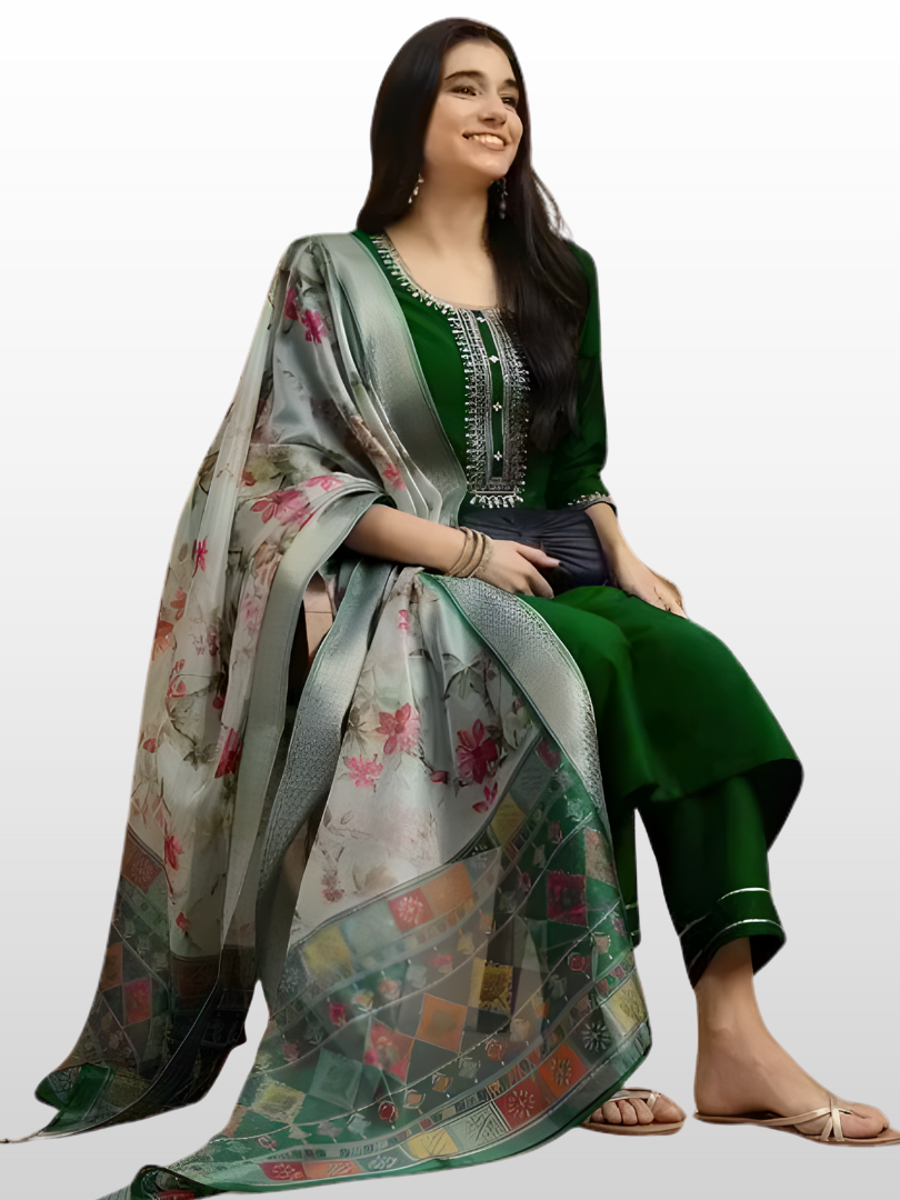 Women Green Color Magic Cotton Kurta Pant Dupatta Set | Digital Printed Straight Kurti with Chanderi Dupatta | 3 Piece Ethnic Wear Set