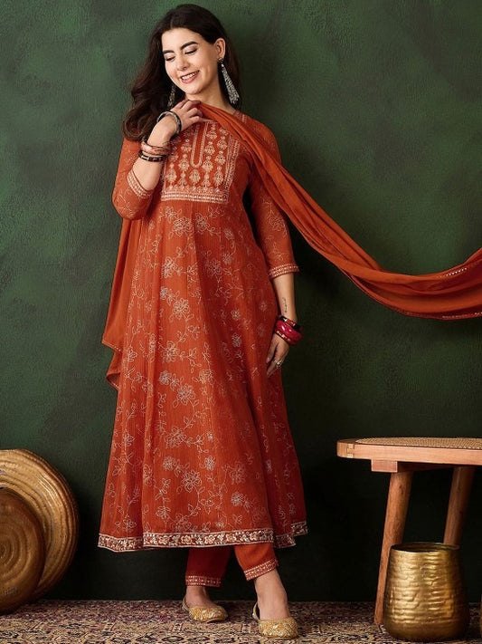 Orange Georgette Women's Kurta, Pant with Dupatta Set