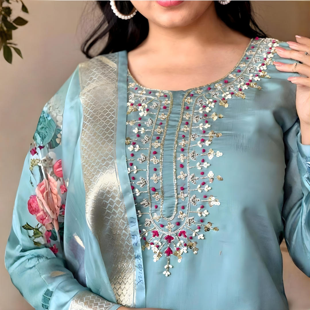 Magic Cotton Kurta Set with Detailed Embroidery and Digital Floral Chanderi Dupatta