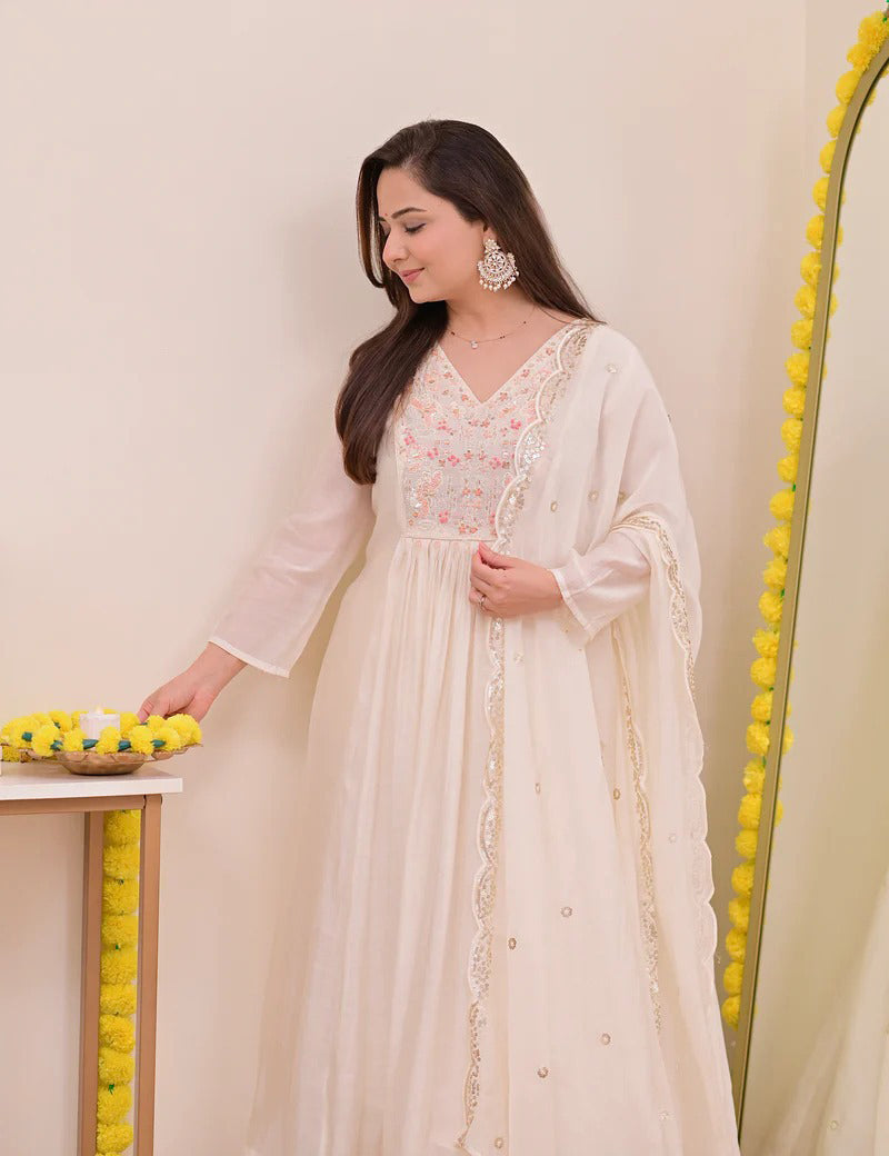 Persian White Noor Handwork Mul Chanderi A Line Suit