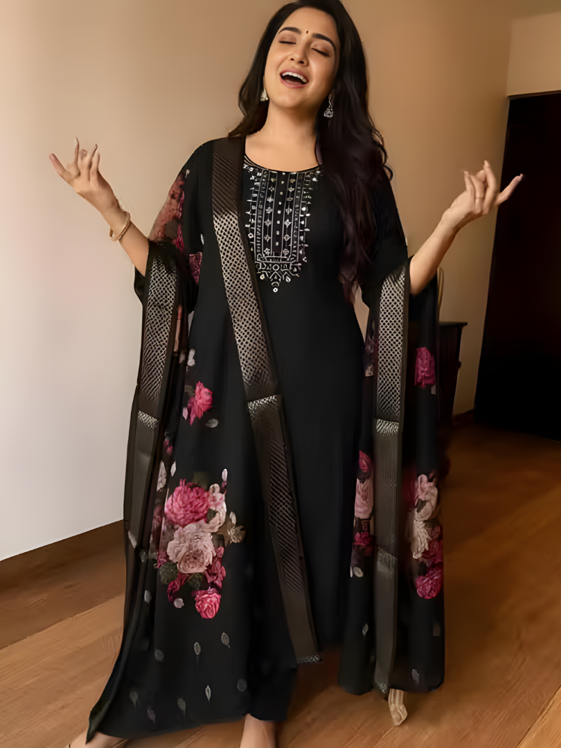 Black Magic Cotton Kurta, Pant and Dupatta Set