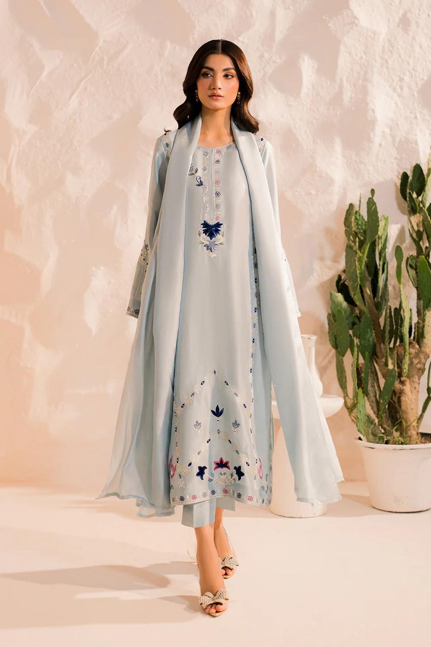 Light Blue Chanderi Silk Readymade Salwar Suit with Embroidered Work