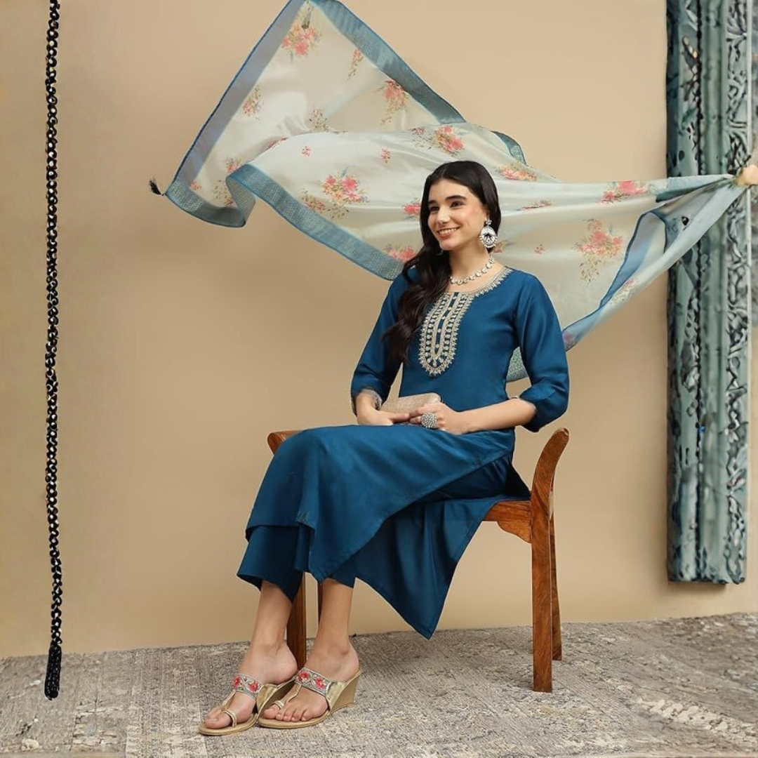 Blue Embroidered Rayon Slub Straight Kurta Pant Dupatta Set