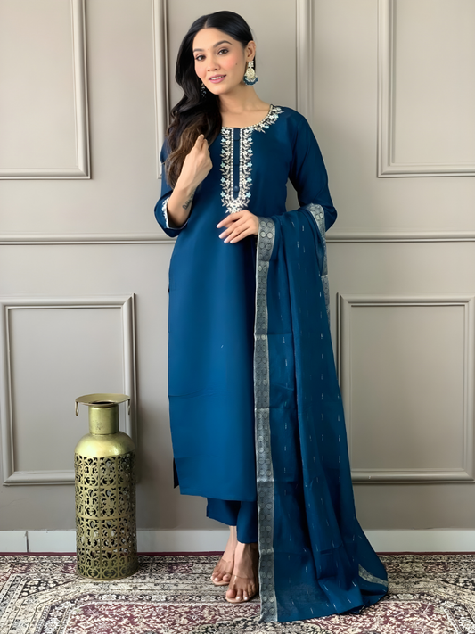 Blue Rayon Slub Kurti Pant Jacquard Border with Dupatta