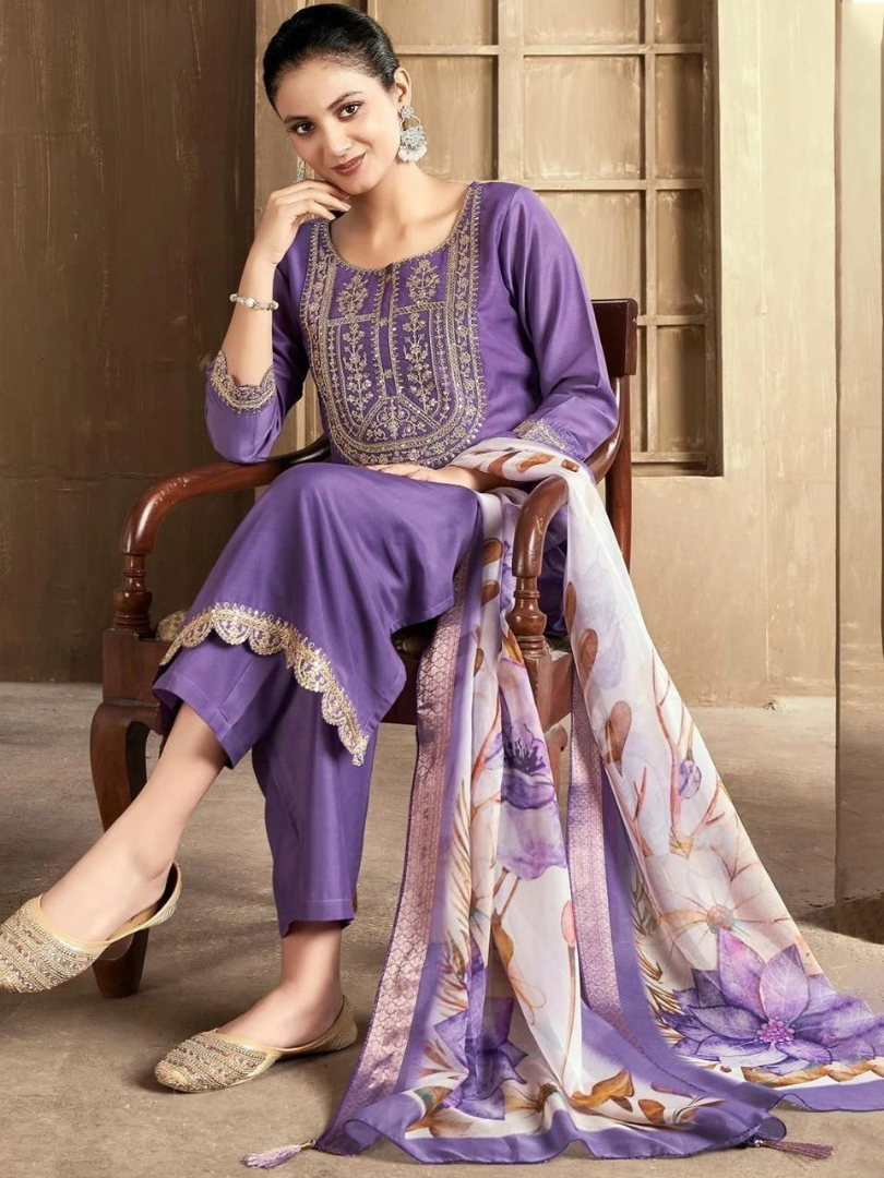Purple Rayon Slub Kurti Pant with Chanderi Dupatta
