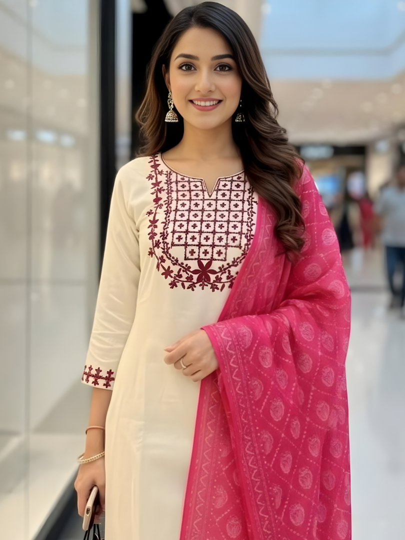 Off- White Rayon Slub Embroidered Straight Kurta Set with Dupatta
