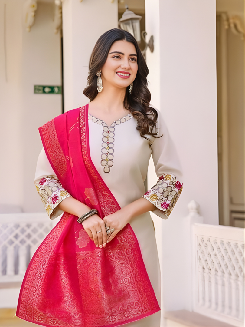 Cream Stylish V-Neck Straight Cut Embroidered Kurta Set with Dupatta