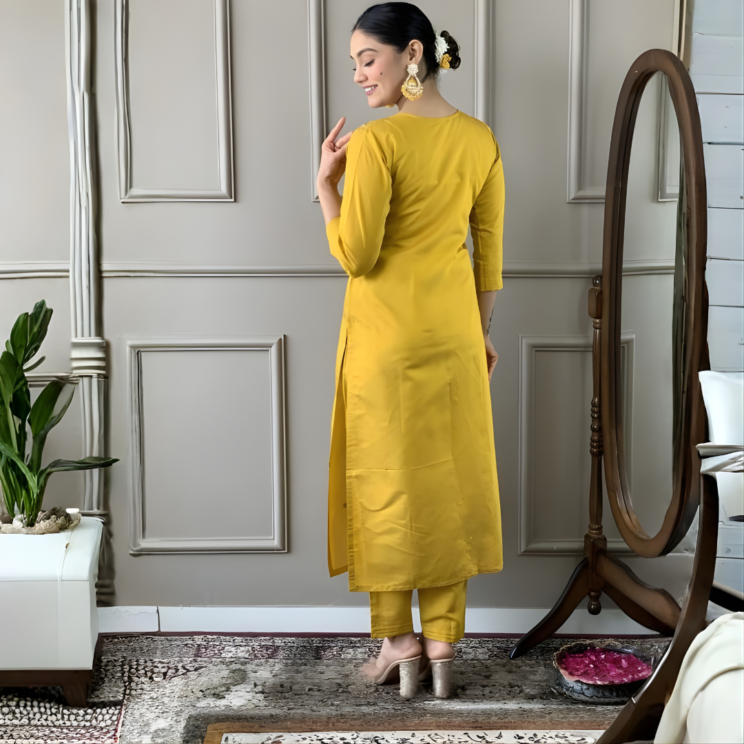 Yellow Color Women Embroidered Straight Kurta with Pant and Printed Dupatta