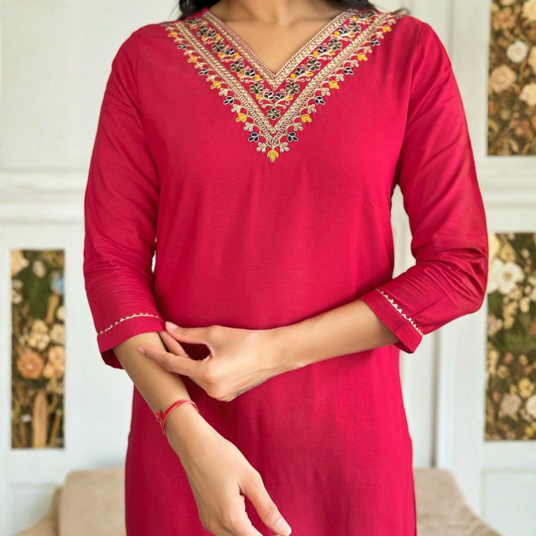 Women's red rayon embroidered straight kurta with rayon pant and silk printed dupatta sets