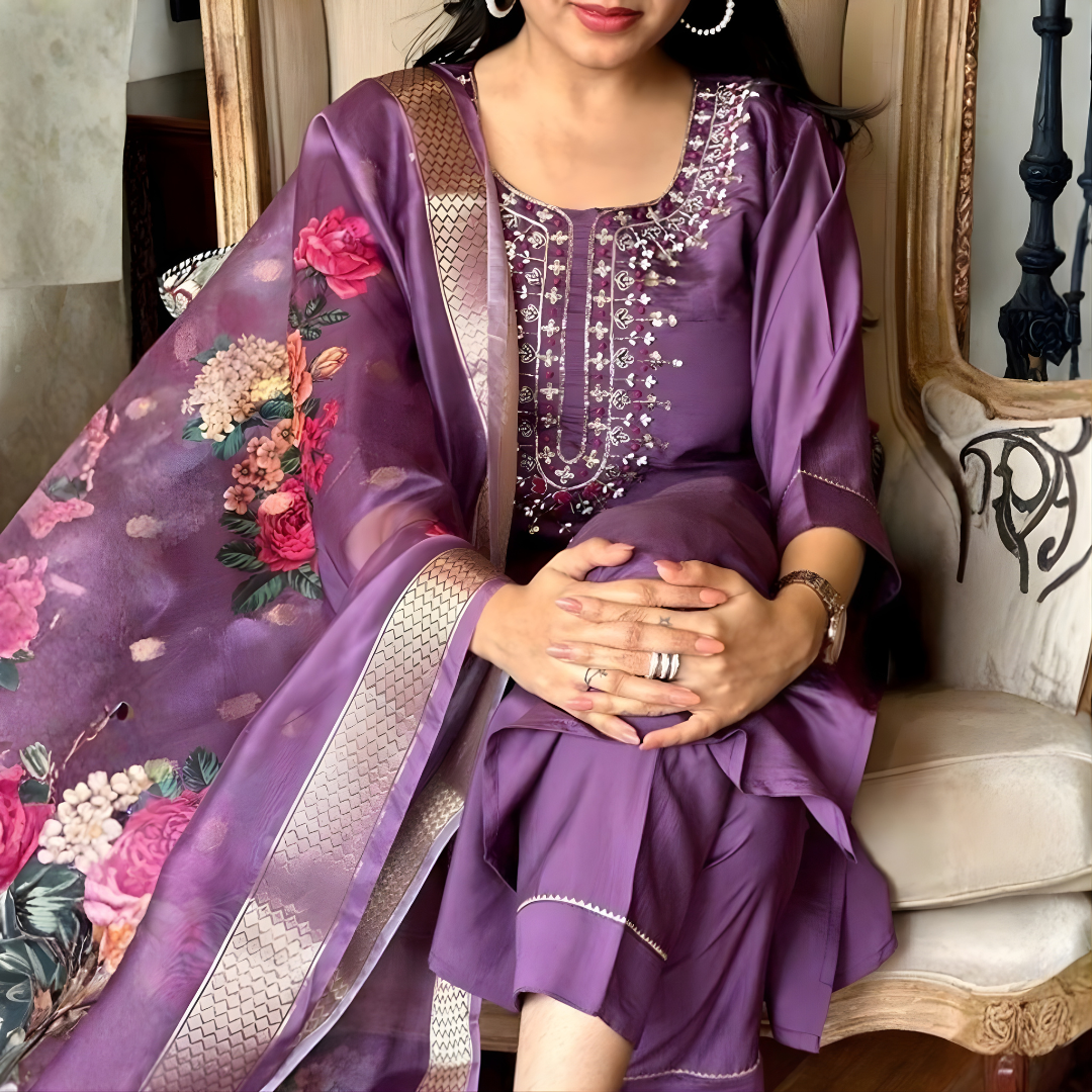 Purple Rayon Slub Long Kurti with Pants & Dupatta