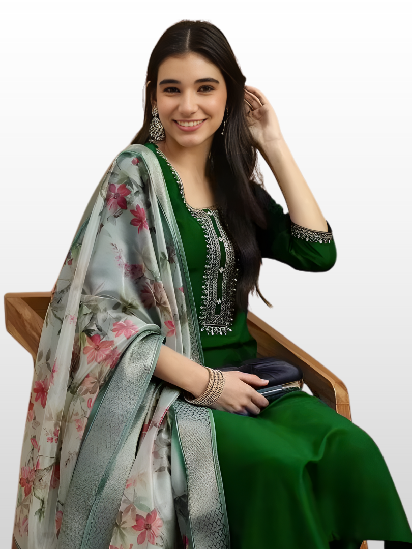 Women Green Color Magic Cotton Kurta Pant Dupatta Set | Digital Printed Straight Kurti with Chanderi Dupatta | 3 Piece Ethnic Wear Set
