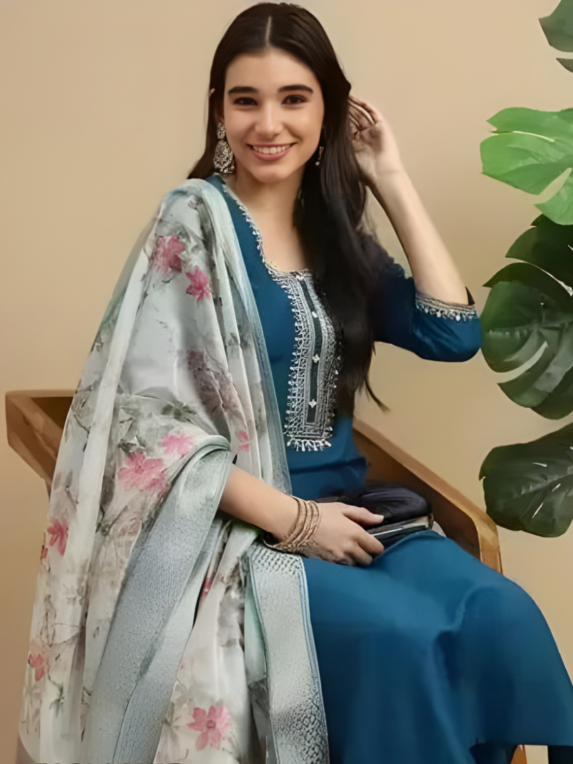 Blue Magic Cotton Chinon Neck Wok Digital Printed Dupatta Set