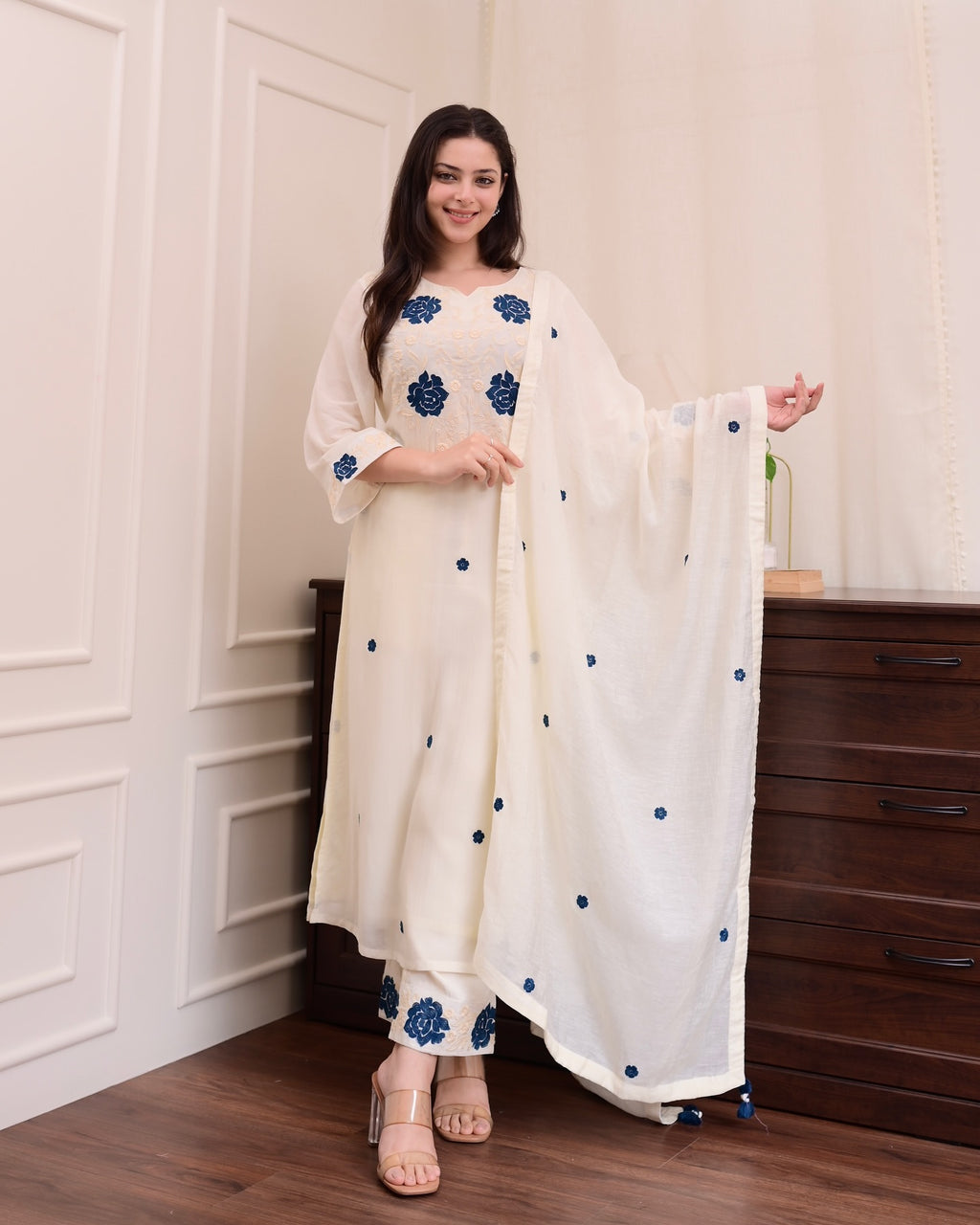 White Viscose With Embroidery Kurta Set