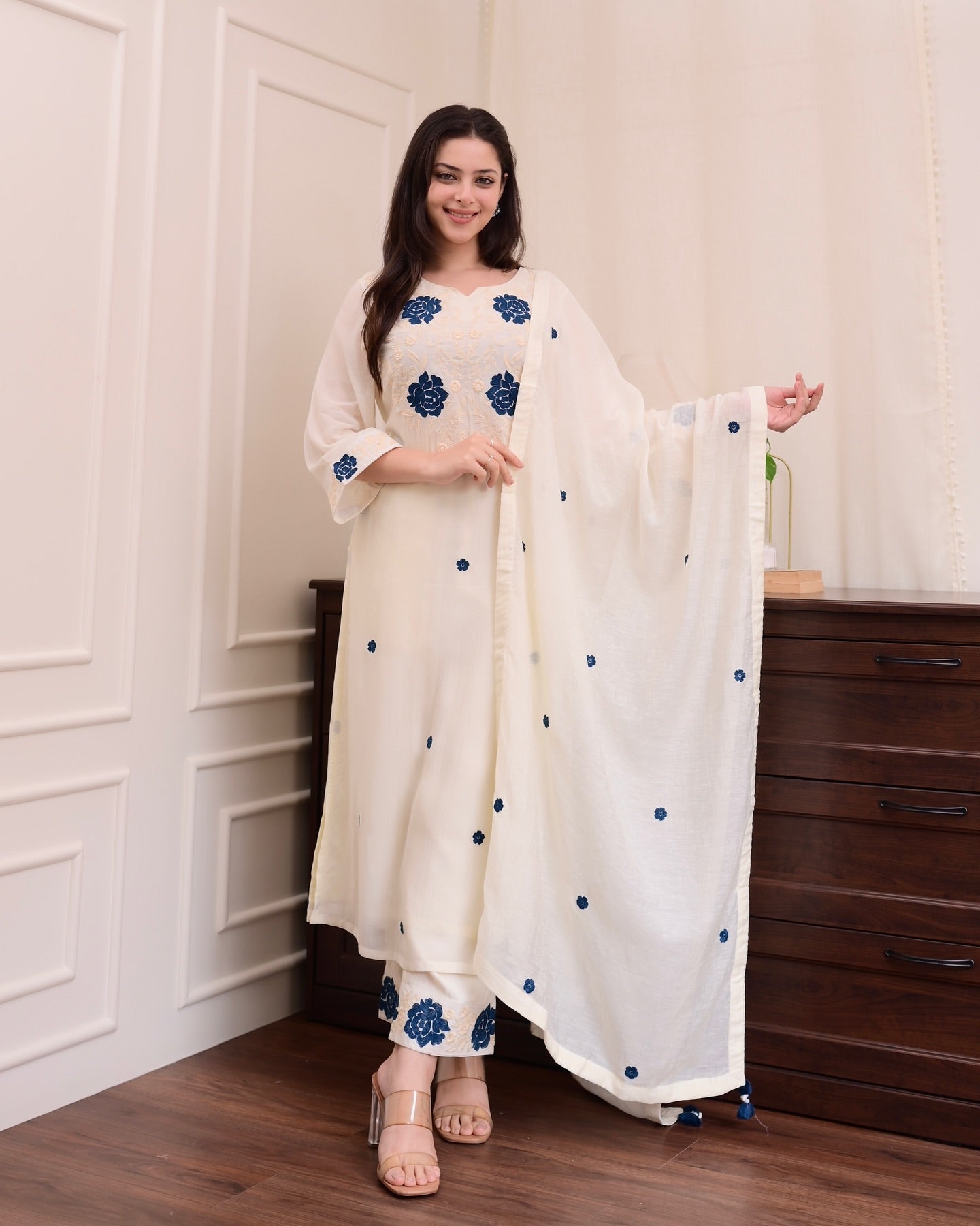 White Viscose With Embroidery Kurta Set