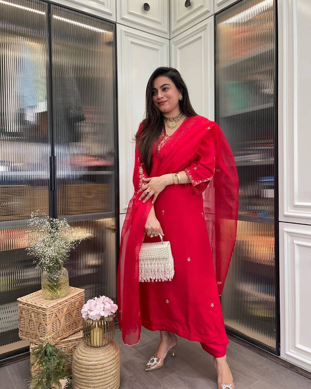 Indian Ethnic Kurta Set for Women | Red Embroidered Kurti with Pant & Organza Dupatta